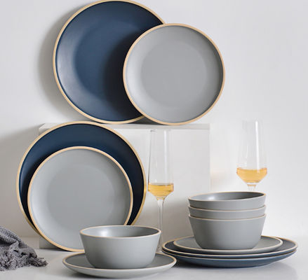 Gufaith Melamine Dinnerware Set,Сет тарелок и мисок,Сет блюд на 4 человека,Сет столовых принадлежностей на открытом воздухе,Синий и серый цвет, современный
